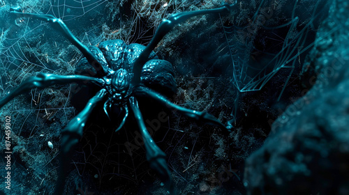 A giant spider amidst webs in a dark and eerie environment, perfect for Halloween themes.