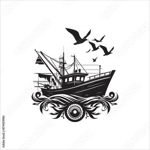 Fishing ship art, silhouette illustration