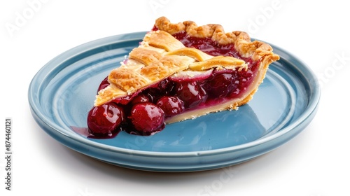 Slice of fresh cherry pie on blue plate isolated on white background. Traditional homemade bakery