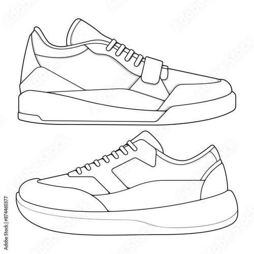 set of outline Cool Sneakers. Shoes sneaker outline drawing vector, Sneakers drawn in a sketch style, sneaker trainers template outline