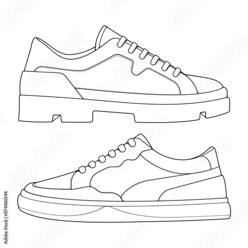 set of outline Cool Sneakers. Shoes sneaker outline drawing vector, Sneakers drawn in a sketch style, sneaker trainers template outline