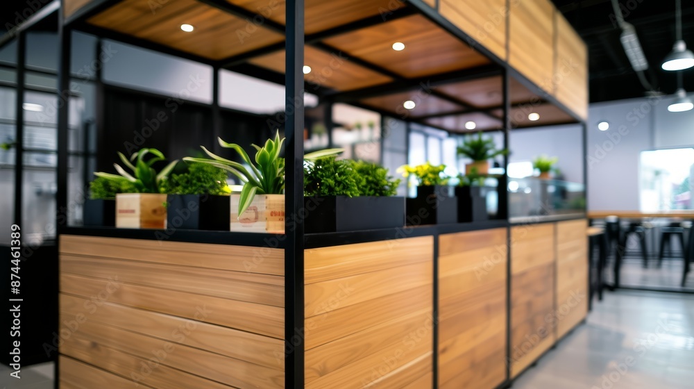 custom made wallpaper toronto digitalEco-friendly restaurant built from repurposed container boxes, modern minimalism with wooden and black metal highlights, urban setting, focus cover all object, deep dept of field