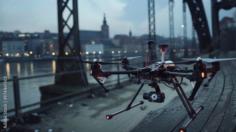 Close-up of a remotely controlled drone with camera flying over bridge of a big city Close-up of a remotely controlled drone with camera flying over bridge of a big city