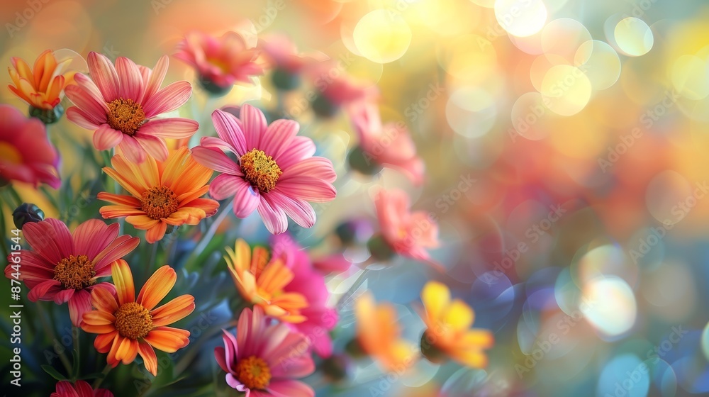 Obraz premium Enchanting floral arrangement with bright, contrasting flowers against a soft-focus background, perfect for desktop wallpaper, focus cover all object, deep dept of field