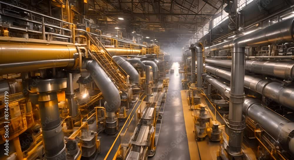 Large piping inside of industrial power plant Industrial factory interior featuring state of machinery Steel large chrome pipes Equipment 4k animation Large piping inside of industrial power plant Industrial factory interior featuring state of machinery Steel large chrome pipes Equipment 4k animation