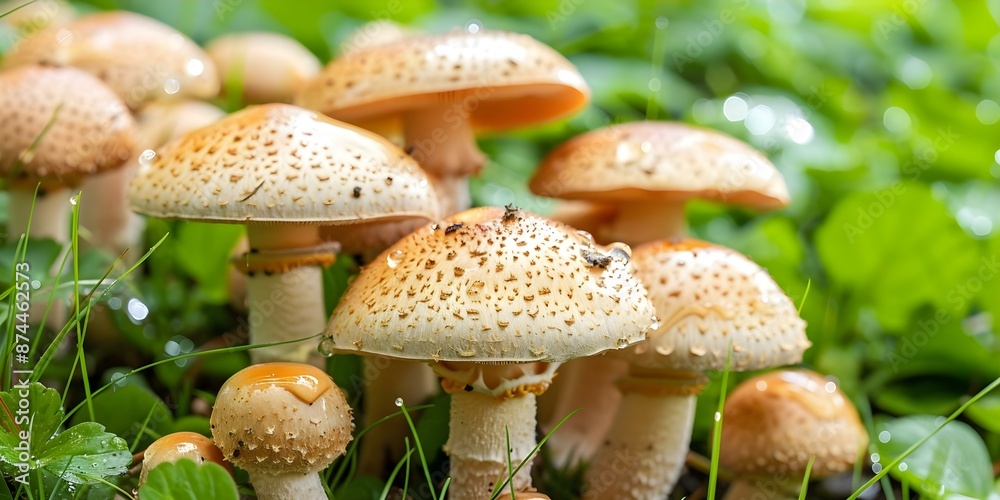 Variety of Forest Mushrooms Among Grass and Leaves After Rain. Concept Forest Mushrooms, Grass, Leaves, Rain, Nature Beauty Variety of Forest Mushrooms Among Grass and Leaves After Rain. Concept Forest Mushrooms, Grass, Leaves, Rain, Nature Beauty