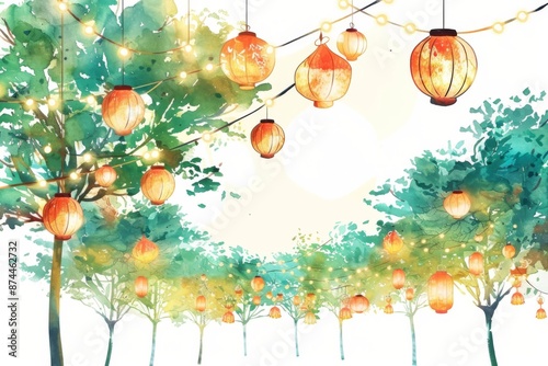 Softly glowing lanterns suspended from tree branches create an enchanting ambiance in a lively festival park. The warm light casts a magical spell on the surroundings.