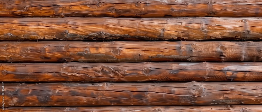 Naklejka premium Wooden log wall. Brown wood log wall texture, natural background 