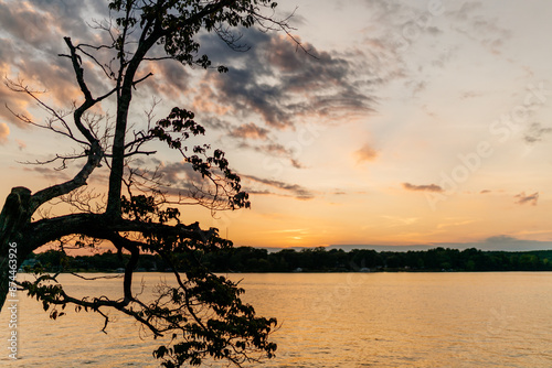 Beautiful sky and lake at sunset. Beautiful orange and blue sky at dawn. Lake Bowen Anchor Park, Inman, SC, USA  photo