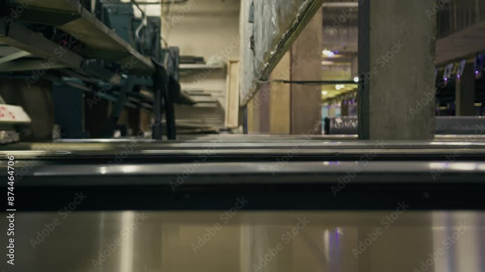 Side view shot of bowling ball rolling down fast along lane towards bowling pins in bowling alley Side view shot of bowling ball rolling down fast along lane towards bowling pins in bowling alley