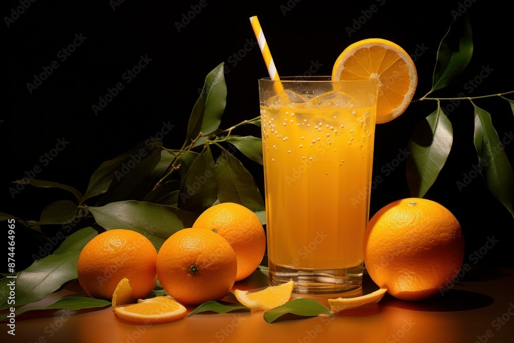 Fototapeta premium Glass of orange juice with a straw, surrounded by whole and sliced oranges and green leaves on a dark background