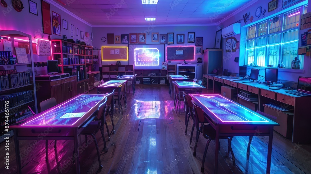 Digital classroom setup with floating holographic tables