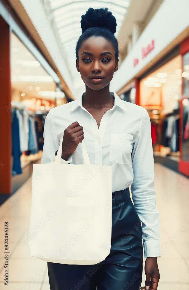 Beautiful female African American model holding blank white tote shopping bag mock up in shopping mall, fashion and lifestyle background, copy space area