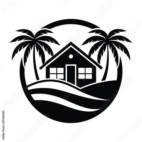 vector logo for a real estate company specializing in coastal properties. Feature a beach house with palm trees and waves
