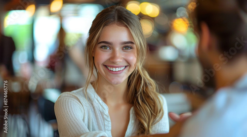Happy business woman manager handshaking with interviewee at office meeting. Smiling female hr hiring recruit at job interview, bank or insurance agent, lawyer making contract deal with client at work