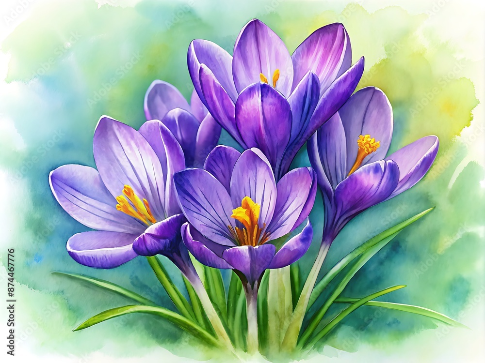 Fototapeta premium Delicate purple crocus flowers bloom in the early spring morning light, their intricate centers surrounded by petals of rich, velvety purple, against a soft green background.