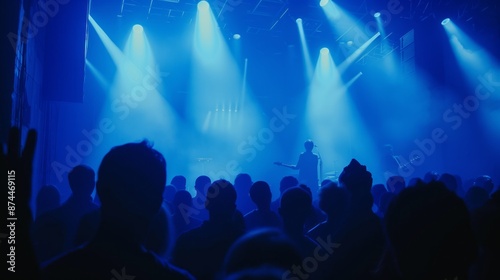 Crowd of people and enthusiastic fans in front of stage at concert, with bright lights and smoke from a smoke machine creating a vibrant atmosphere. Energy and excitement of a live music performance.