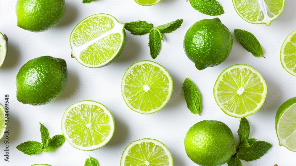 Fresh limes and mint leaves meticulously arranged on a white background, creating a seamless pattern. High contrast, vibrant colors, focus cover all object, deep dept of field Fresh limes and mint leaves meticulously arranged on a white background, creating a seamless pattern. High contrast, vibrant colors, focus cover all object, deep dept of field