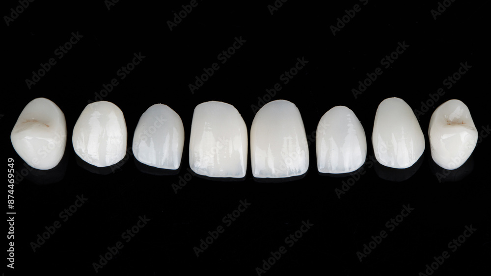 set of ceramic veneers for total prosthetics of the upper jaw, top view on a black background set of ceramic veneers for total prosthetics of the upper jaw, top view on a black background