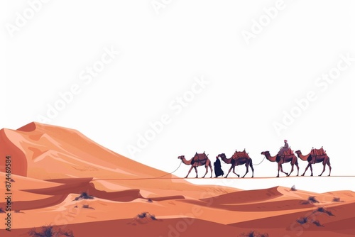 An outdoor scene of a camel caravan carrying supplies through the desert, showcasing the historical importance of camels in Emirati culture. 