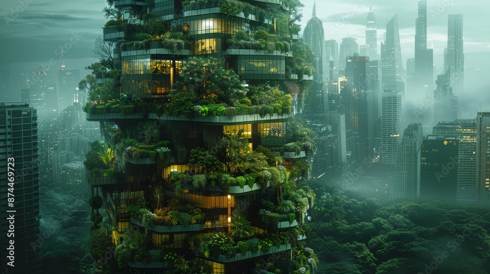 Obraz premium Futuristic eco-friendly skyscraper covered in vertical gardens, renewable energy sources, set in a lush urban jungle, no people, focus cover all object, deep dept of field