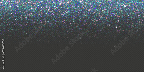 Holographic falling glitter, iridescent confetti with glowing sparkles, shimmer spray effect, festive holiday particles isolated on a dark background. Vector illustration.