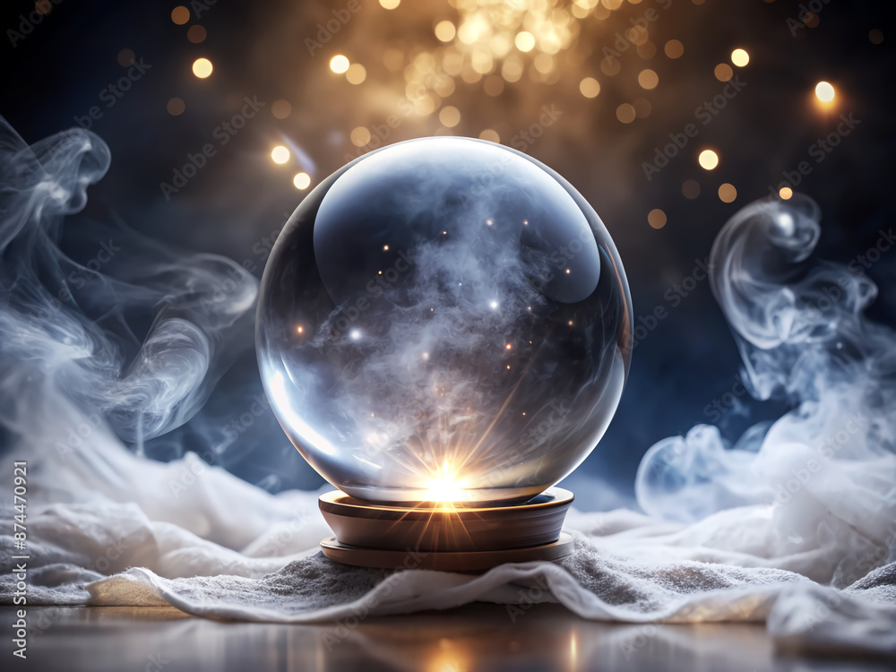 A mystical crystal ball rests on a velvety black background, its transparent surface reflecting subtle lights, surrounded by subtle mist, evoking mysticism and ancient wisdom. A mystical crystal ball rests on a velvety black background, its transparent surface reflecting subtle lights, surrounded by subtle mist, evoking mysticism and ancient wisdom.