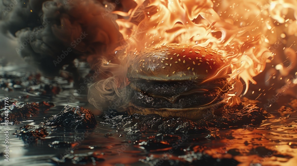 Hot Burger Promotional commercial food photo. Hot Spicy Burger with Flame. Food Background. Hot Burger Promotional commercial food photo. Hot Spicy Burger with Flame. Food Background.