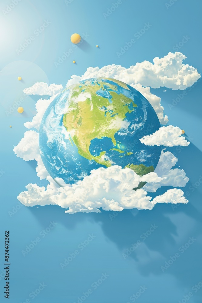 Naklejka premium Earth floating in sky of clouds
