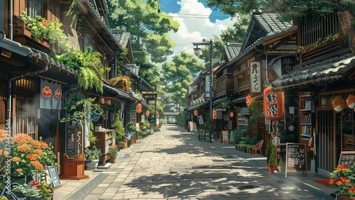 Animation Quiet traditional Japanese street with shops and trees generated with ai