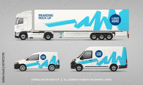 Branding Van, Truck, Delivery Car Mock-Up with graphics design for corporate identity. Set of Branding vehicle. Abstract vector graphics for business brand identity on car