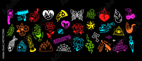 Rock Music elements and Retro Tattoo vector icons and pattern collection. Rock and Pop Art Tattoo doodle aesthetic set: butterfly, cross, fire, flamed heart, rose and more