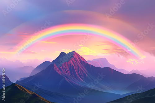 A vibrant rainbow spanning across a mountain range at sunset.