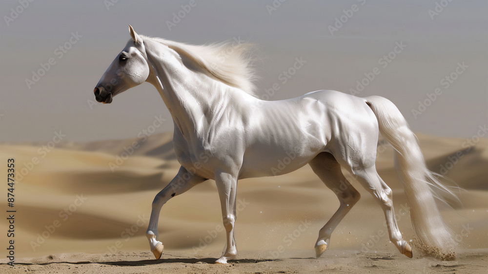 Snow-white Arabian stallion gallops across golden desert sands at sunset, embodying freedom, strength, and wild natural beauty. Snow-white Arabian stallion gallops across golden desert sands at sunset, embodying freedom, strength, and wild natural beauty.