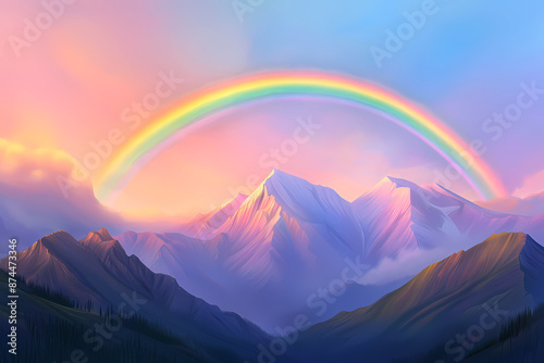 A vibrant rainbow spanning across a mountain range at sunset.