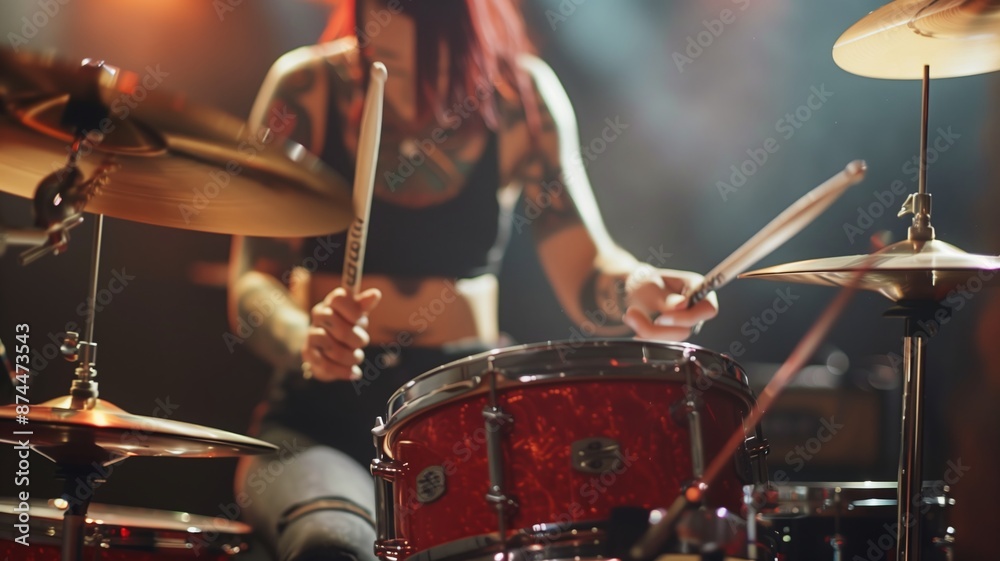 Naklejka premium Professional drum set closeup. Beautiful young tattooed woman drummer with drumsticks playing drums and cymbals, on the live music rock concert or in recording studio. Female drummer.