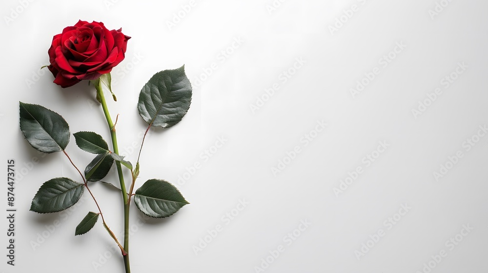 Single red rose with green leaves on a white background. Flat lay composition with copy space for floral and romantic design. Valentine's Day concept Single red rose with green leaves on a white background. Flat lay composition with copy space for floral and romantic design. Valentine's Day concept