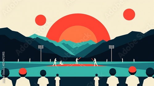 Cricket match, players and spectators in stadium, flat design illustration