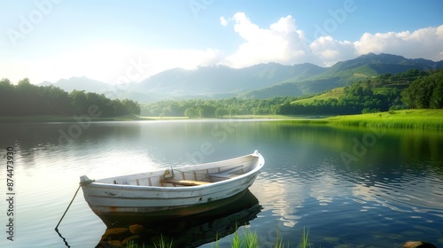 A small white boat sits in a lake, surrounded by trees and mountains