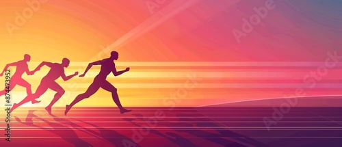 Athletics track in a stadium, athletes racing, flat design illustration