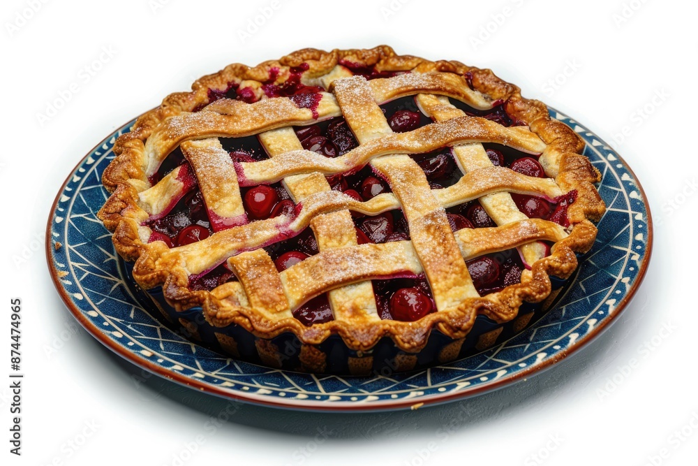 Cherry pie on blue ornamental plate isolated on white background. Traditional fresh homemade bakery