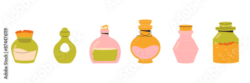 childrens magic elements. Set of potion jars