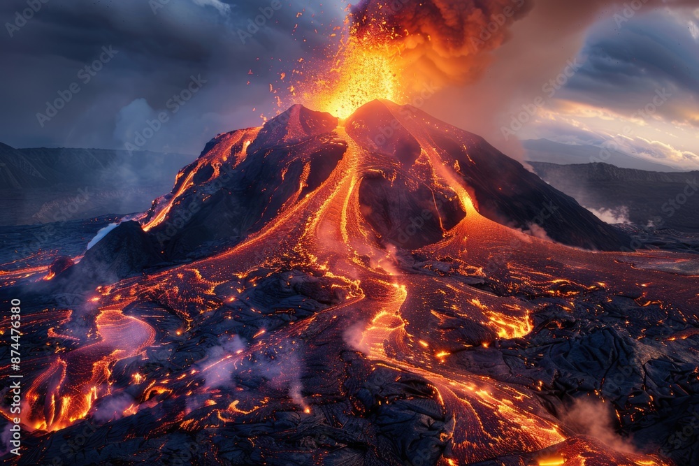 Volcano eruption, flowing lava cascading down its slopes with smoke and fire, natural disaster Volcano eruption, flowing lava cascading down its slopes with smoke and fire, natural disaster