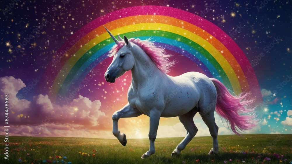 A whimsical unicorn prances under a vivid rainbow in a starry sky, set against a grassy landscape, evoking fantasy and magic.
A whimsical unicorn prances under a vivid rainbow in a starry sky, set against a grassy landscape, evoking fantasy and magic.