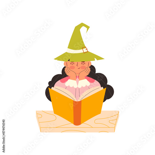 Cute witch reading a book. Childrens magic elements