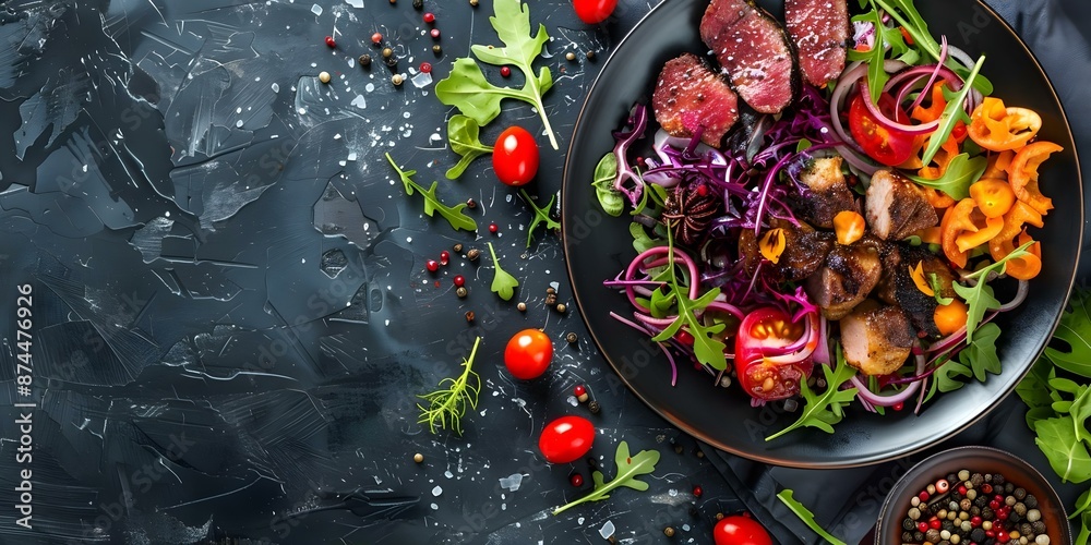 Naklejka premium Flexitarian diet emphasizes plantbased foods with occasional meat and fish. Concept Flexitarian Diet, Plant-based Foods, Meat and Fish, Healthy Eating, Balanced Nutrition