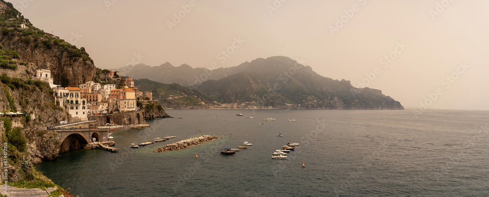Panoramic view of small town Atrani on Amalfi Coast in province of Salerno, Campania region, Italy. Amalfi coast is popular travel and holyday destination in Italy.
