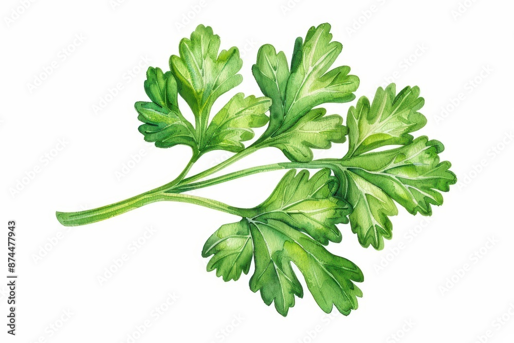 A bright watercolor depiction of parsley, with its curly leaves vividly detailed, isolate on white background with copy space A bright watercolor depiction of parsley, with its curly leaves vividly detailed, isolate on white background with copy space