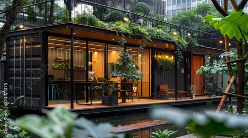 Minimalist office made from a recycled container box, featuring sustainable wooden and black metal elements, surrounded by greenery, focus cover all object, deep dept of field