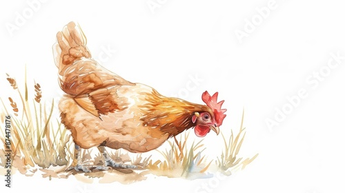 A charming chicken portrayed in rich watercolor tones, pecking at the ground, isolate on white background with copy space photo